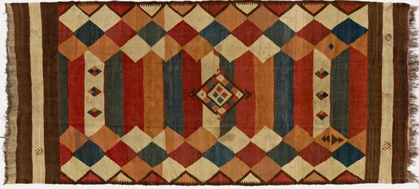 Uzbekistan, Kashkadaria Region near the Afghan border. Dimensions: 1) 423 × 191 cm. 2) 295 × 156 cm. Wool Yarn is colored with madder (brownish red), orange, dark blue, dark green, white and black. The kilims were used as floor coverings both inside 