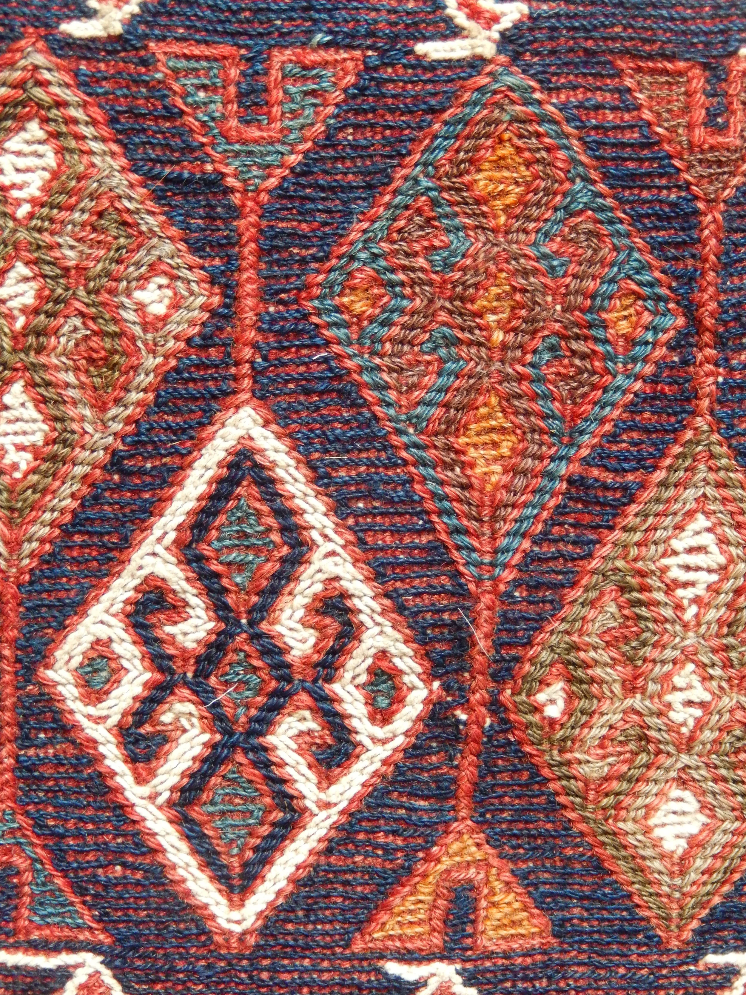 Iran. Luristan area. Detail of the motif on the front of the Soumak saddle bag. The Soumak weaving is visible. End of 20th century. Foto Ian Alexander. CC BY-SA 4.0. Accessed via https://commons.wikimedia.org/w/index.php?curid=46597453