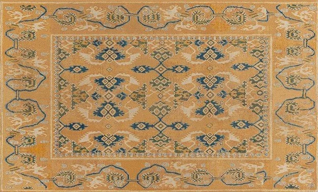 Spain.  Vintage Spanish Cuenca Rug (Size Adjusted). Dimension 215 × 342 cm. Wool. Used with permission @Doris Leslie Blau. Accessed via https://www.dorisleslieblau.com/vintage-spanish-cuenca-rug-11x7-bb7785/?srsltid=AfmBOookZDW2UzvDLuWEJjd5kVhqYzyB-L