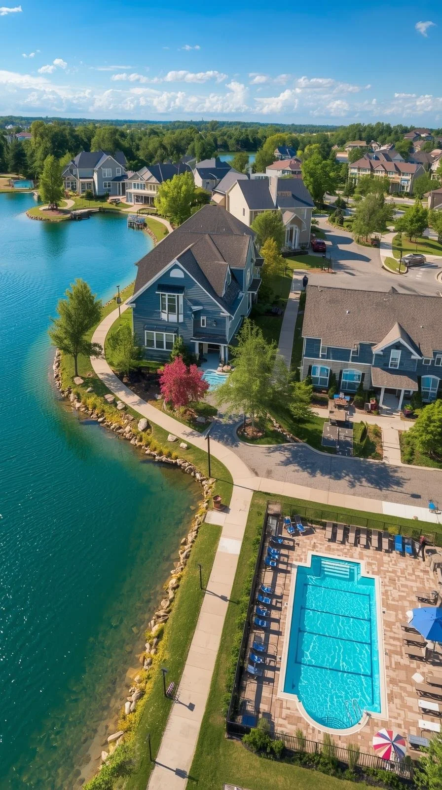 Aerial view of a neighborhood residential area with houses near a large lake, showing a community pool, lush greenery, and clear blue skies.
