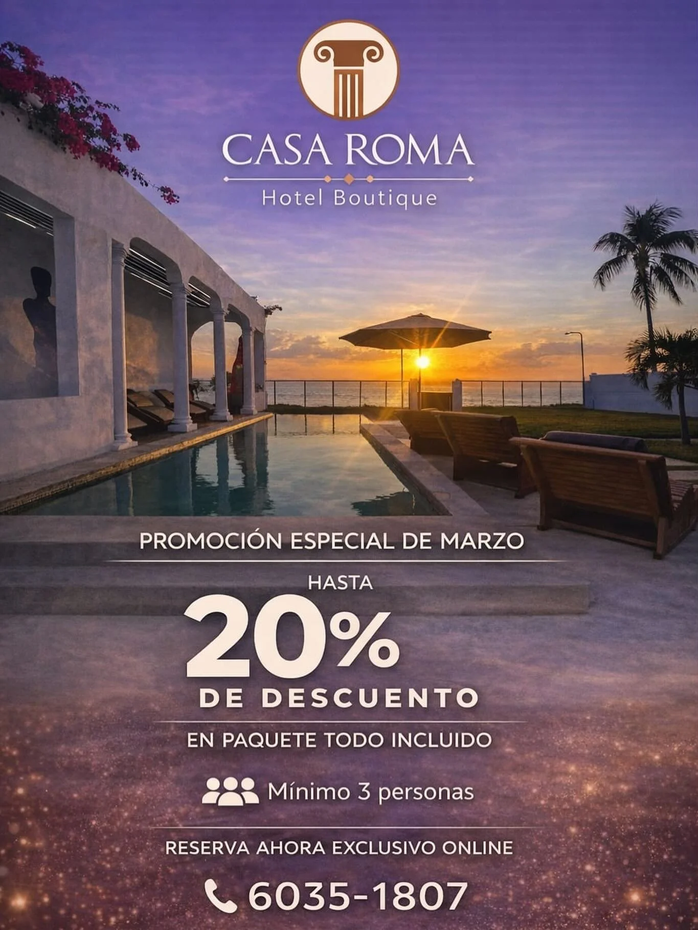 ✨ Marzo se vive mejor frente al mar ✨

En Hotel Boutique Casa Roma queremos que disfrutes una experiencia &uacute;nica de descanso, privacidad y lujo frente al oc&eacute;ano.
Durante todo el mes de marzo, aprovecha un 20% de descuento en nuestro paqu