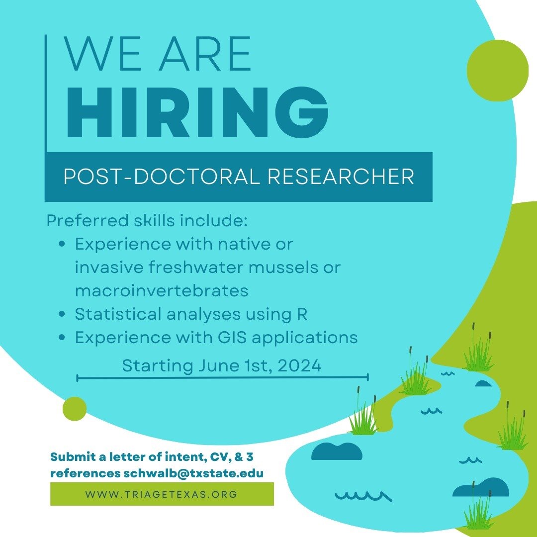 🔥 We're Hiring! 🔥
.
The Schwalb Stream Ecology Lab at Texas State University in San Marcos is looking to fill a post-doctoral researcher position who will join a large, multi-disciplinary, and highly collaborative group of researchers working on a 