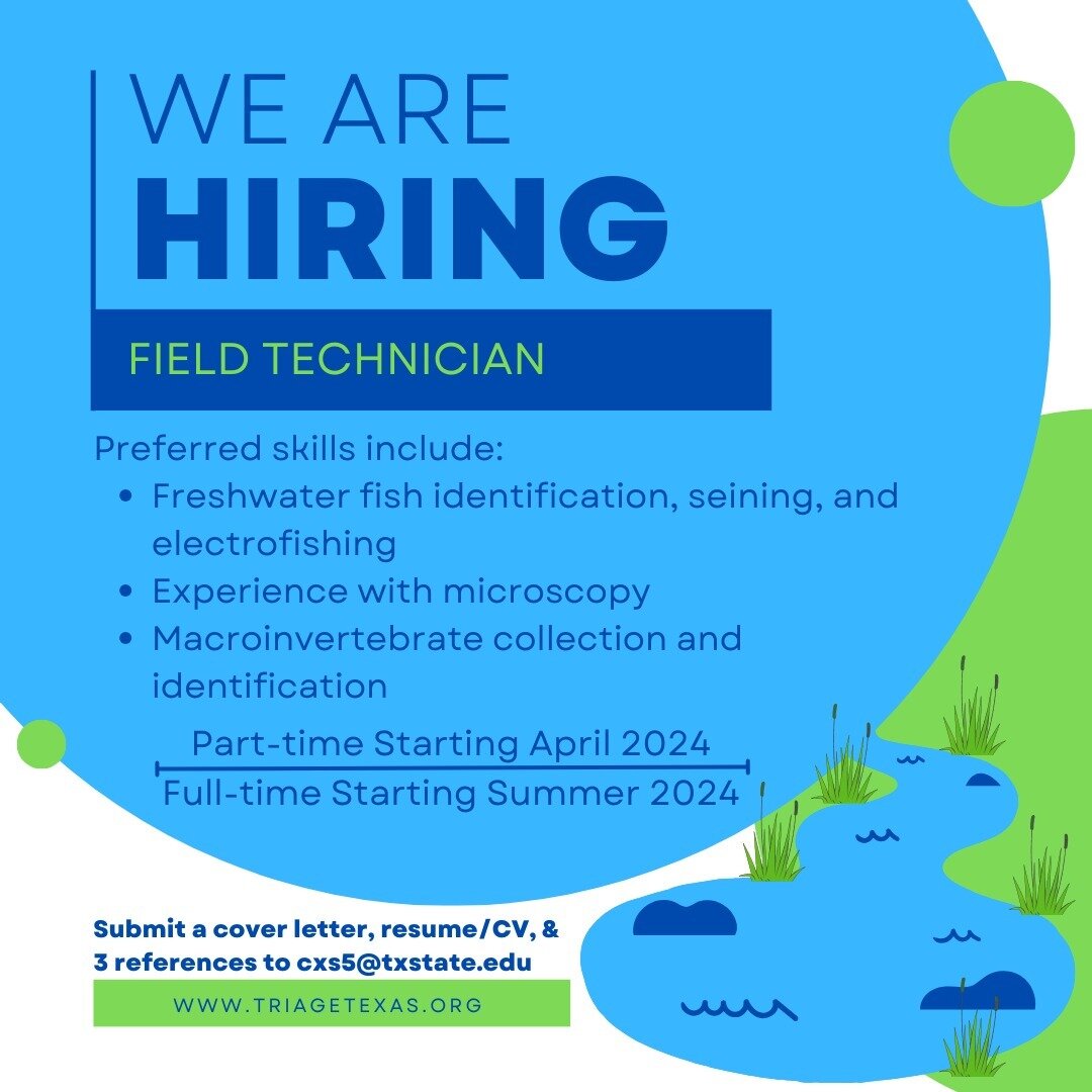 ✨We are hiring✨
.
The Schwalb Stream Ecology Lab (the muscles behind the mussels at TRIAGE; @mussels_of_texas ) at Texas State University (@txst ) is hiring a part-time field technician to begin in ⛅April, which will evolve to a full-time position be