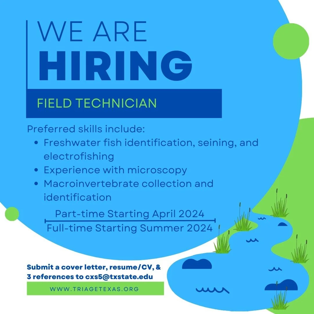 ✨We are hiring✨
.
The Schwalb Stream Ecology Lab (the muscles behind the mussels at TRIAGE; @mussels_of_texas ) at Texas State University (@txst ) is hiring a part-time field technician to begin in ⛅April, which will evolve to a full-time position be