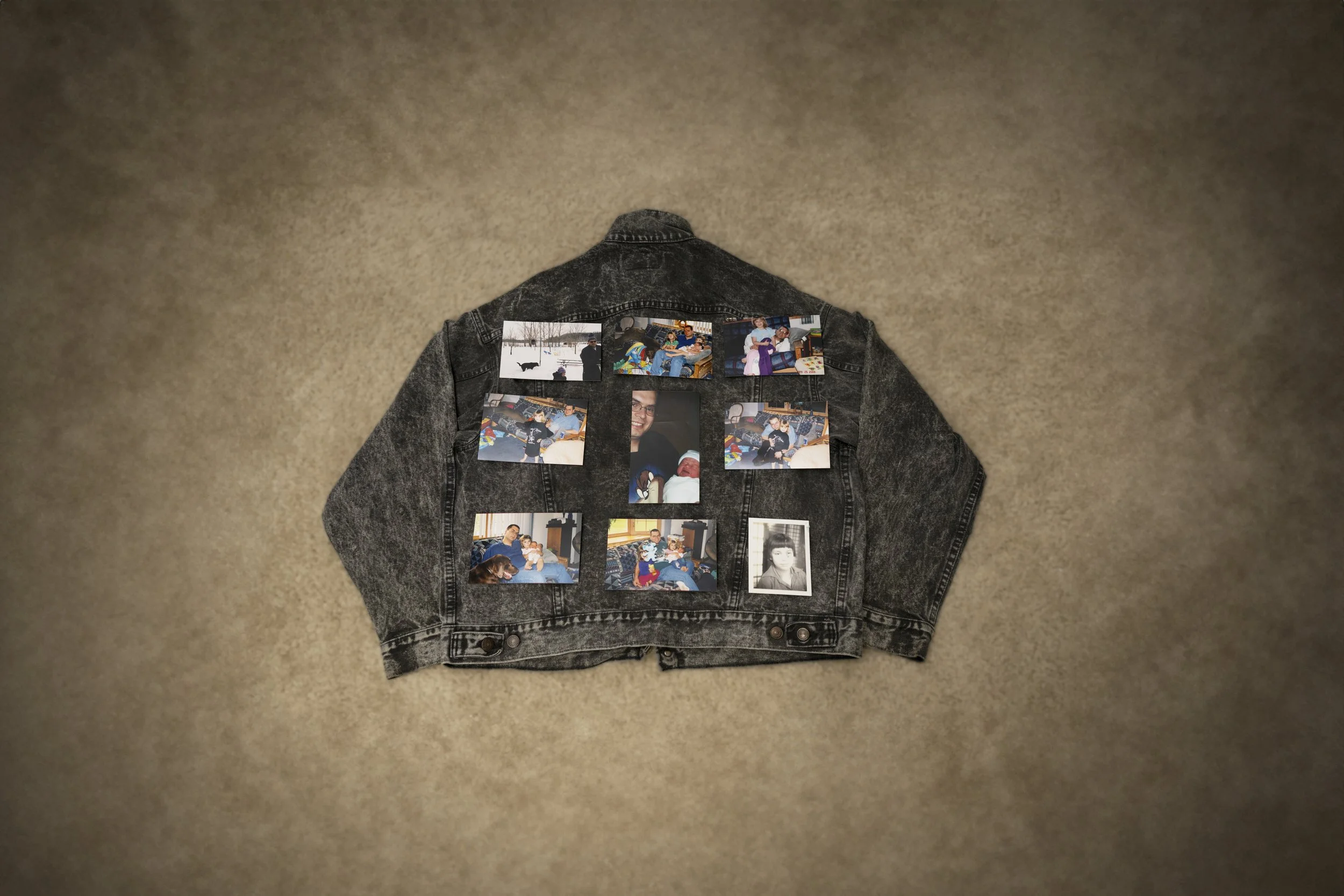 Photo collage of my dad and I on his jean jacket