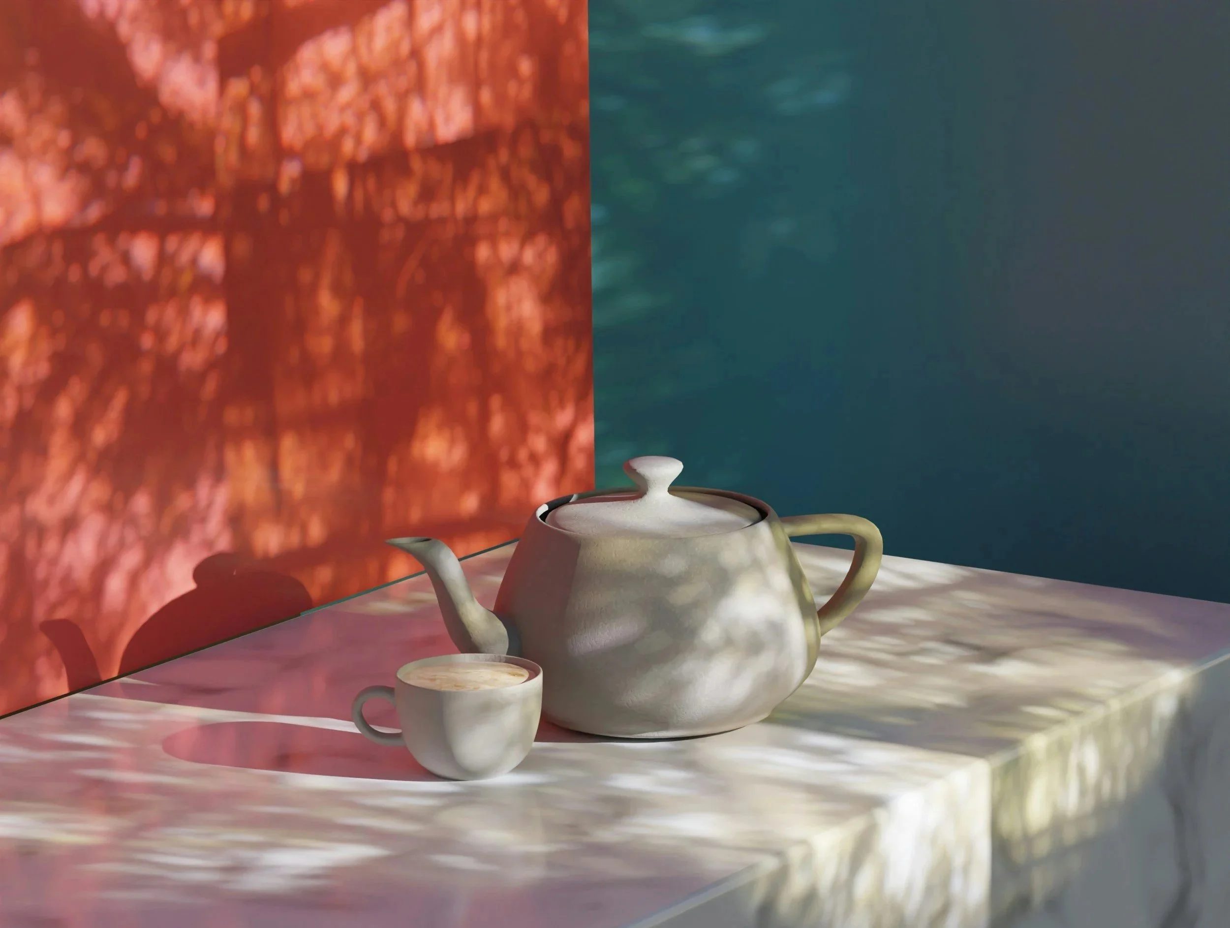 A white teapot and a cup of tea on a marble table, with colorful shadows and reflections on the wall and table.