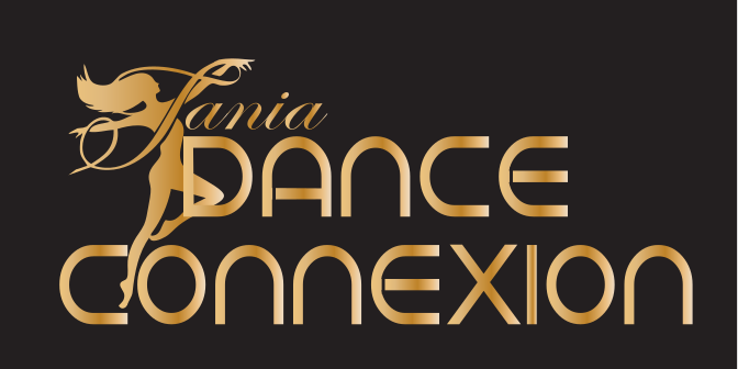 Logo for Tania Dance Connexion with a golden dancer silhouette and stylish text on black background.