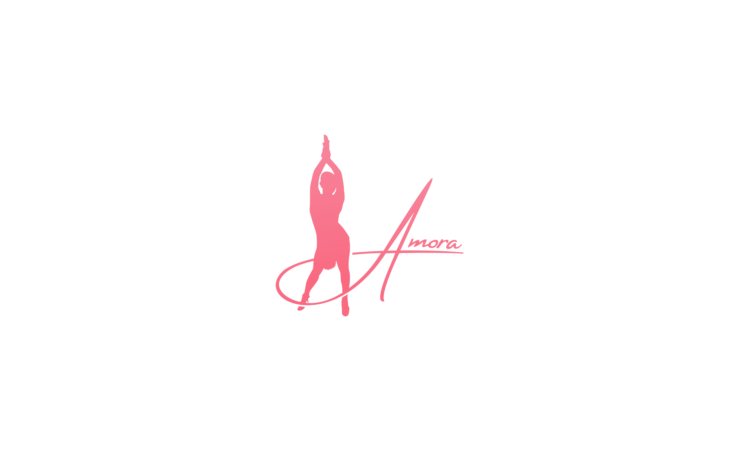 Pink silhouette of a woman in a yoga pose with hands up above her head, surrounded by a white circle, alongside the stylized text 'Amora Dance Co.' on a black background.