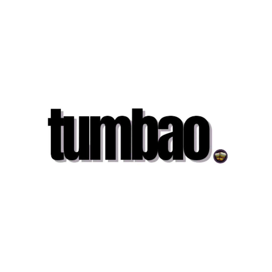 The image features the word 'tumbao' in bold black letters with a small colorful, circular design to the right of the text, set against a black background.