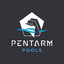 Logo for Pentarm Pools featuring a stylized hand gripping a block with a water wave, with the company name underneath.