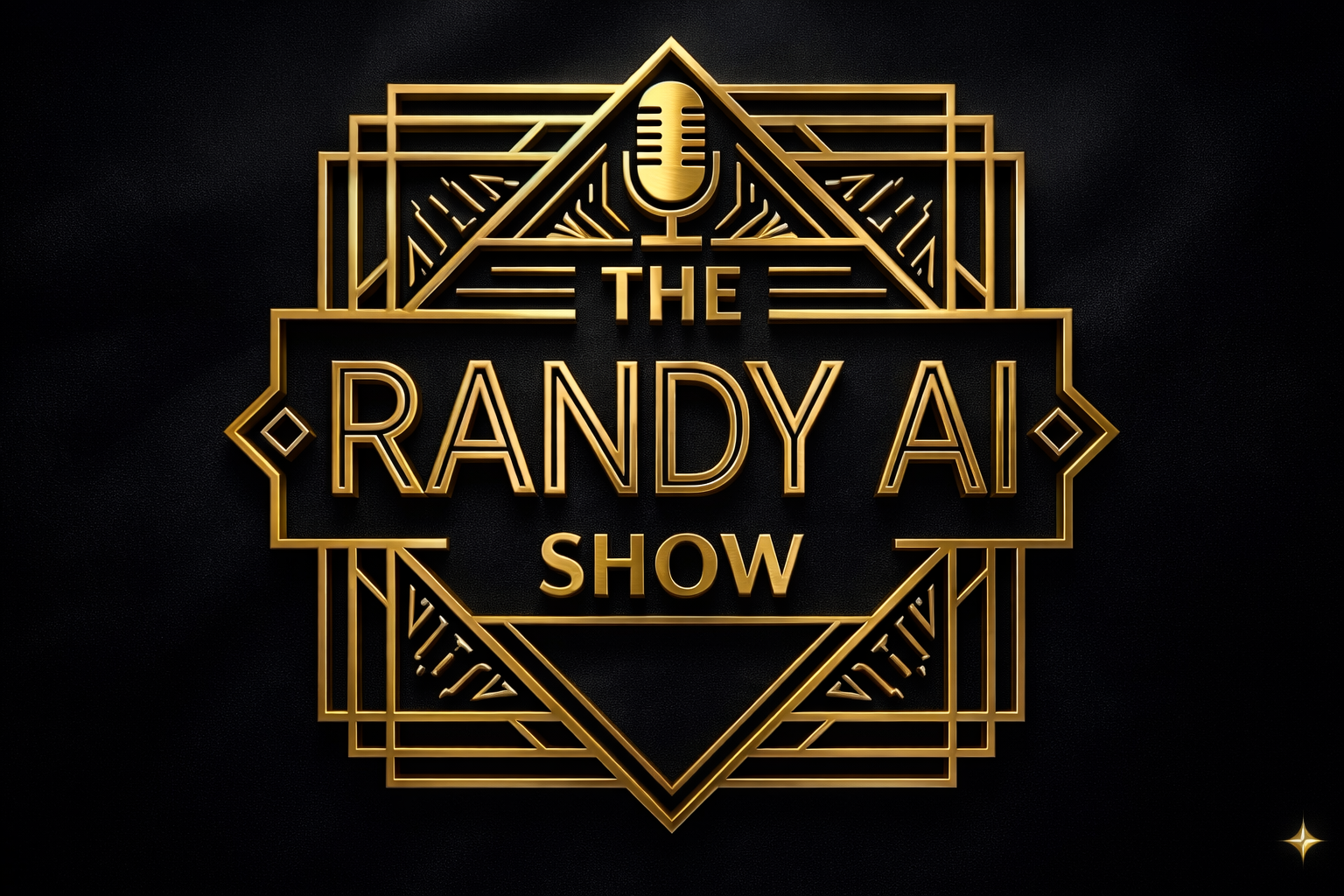 Gold art deco style logo for 'The Randy A I Show' with a geometric design and a microphone icon on a black background.