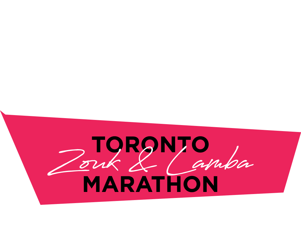 Logo for the Toronto Zouk & Camba Marathon featuring a silhouette of Toronto's skyline with CN Tower, a pink banner with event name in black and white lettering.