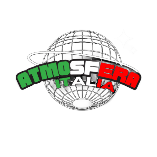 Logo for Atmosfera Italia featuring a wireframe globe with stars and the words 'Atmosfera Italia' in green, white, and red.