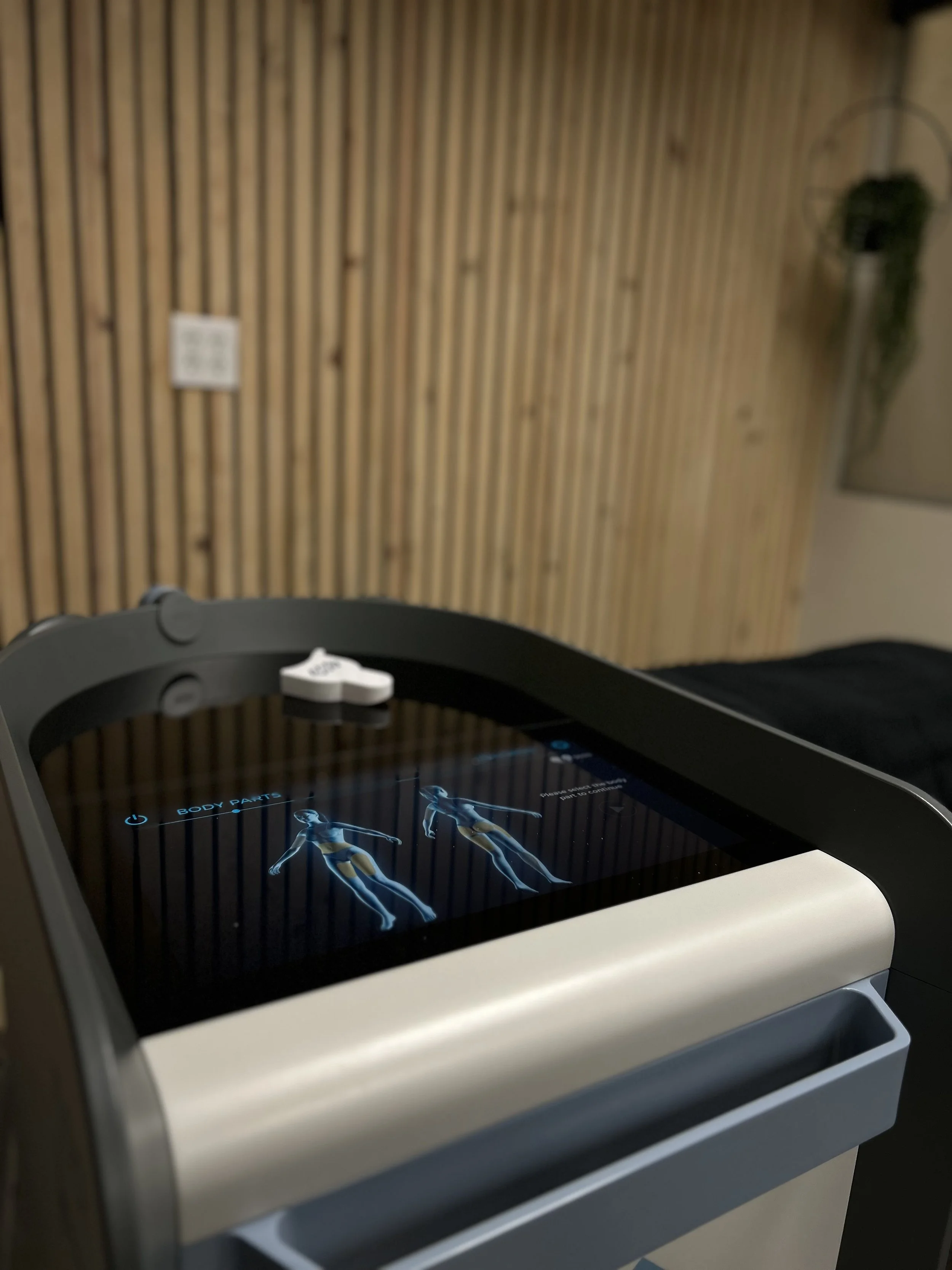 the screen on a emsculpt body contouring machine  to show the areas being treated for fat loss and muscle building