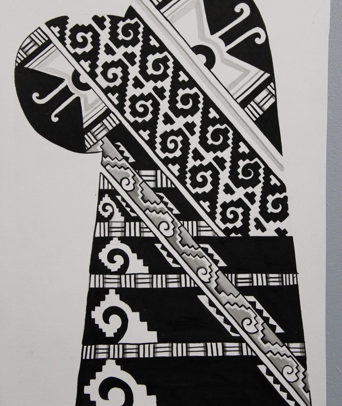Black and white abstract illustration of a person's lower body, including a dress with various geometric patterns and textures.