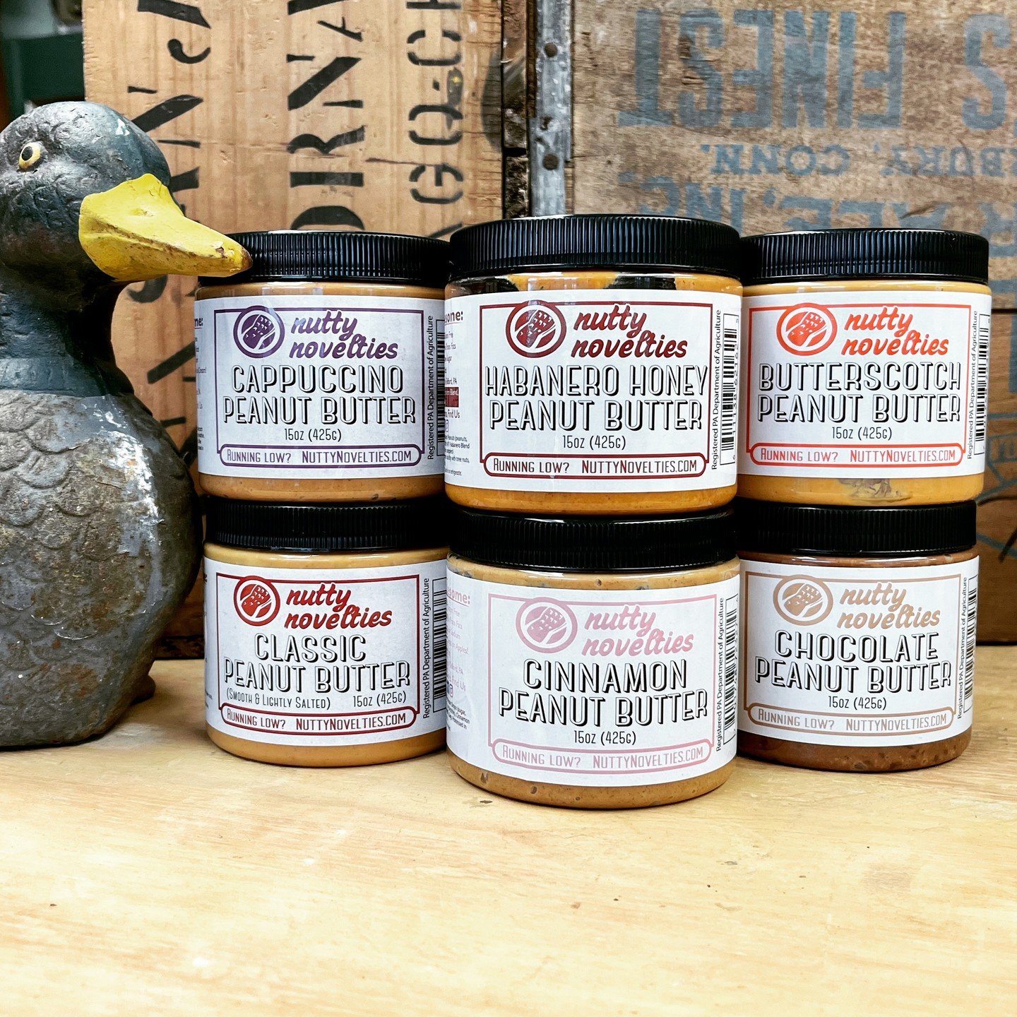 We are restocked on peanut butters courtesy of @nuttynovelties, made right here in Eastern PA. In addition to favorites like Chocolate and Habanero Honey, we&rsquo;re now carrying Cappuccino and Butterscotch! We can&rsquo;t keep these in stock so sto