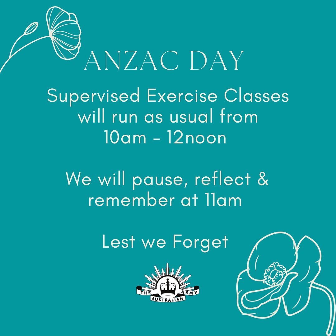 ~ ANZAC Day ~

We will be running our Supervised Exercise Classes as normal on Tuesday 25th April. 

Check the schedule via the MINDBODY app to book your spot or email active@synchronistic.com.au

If you would like to know more about our supervised c