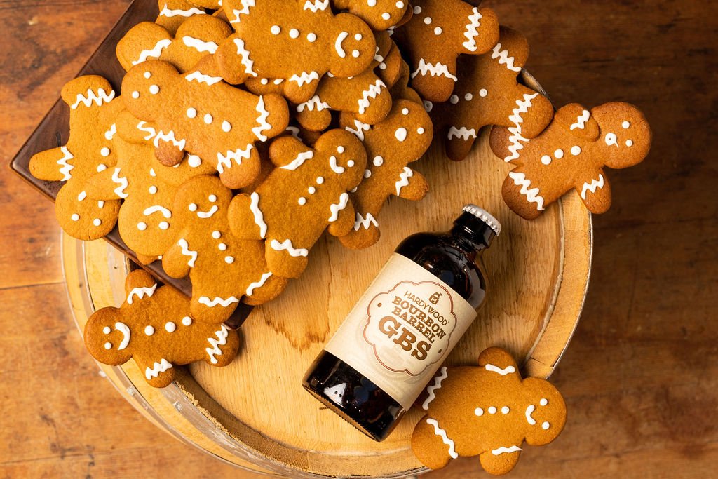Single Hardywood Bourbon Barrel GBS bottle next to Gingerbread Cookie