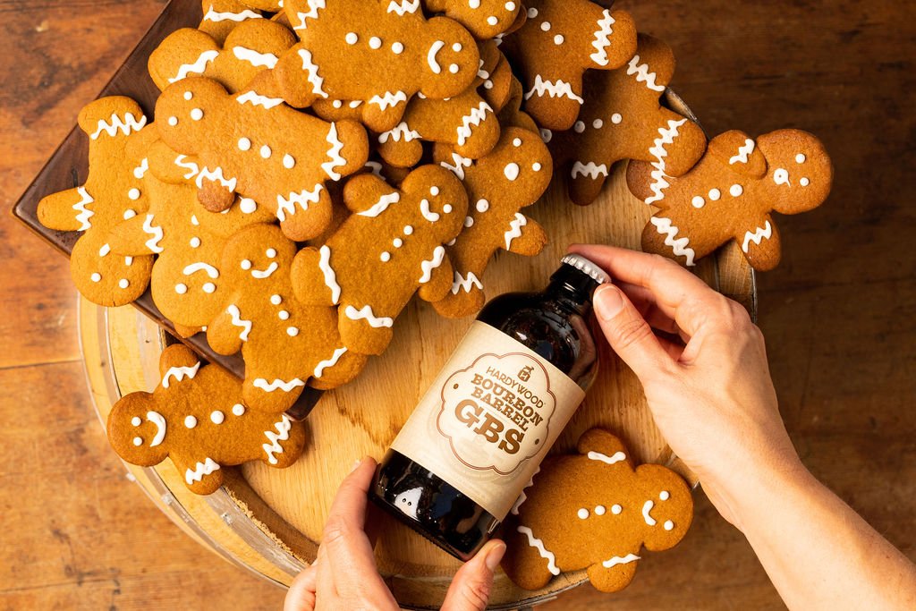 Single Hardywood Bourbon Barrel GBS bottle next to Gingerbread Cookie