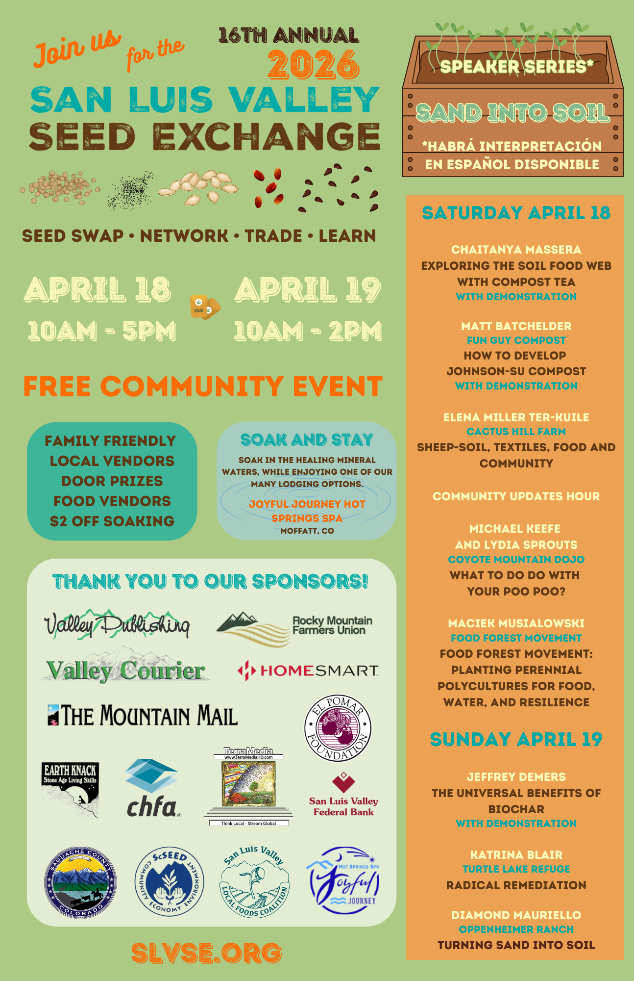 Upcoming SLV Seed Exchange at Joyful Journey Hot Springs in Moffat, CO