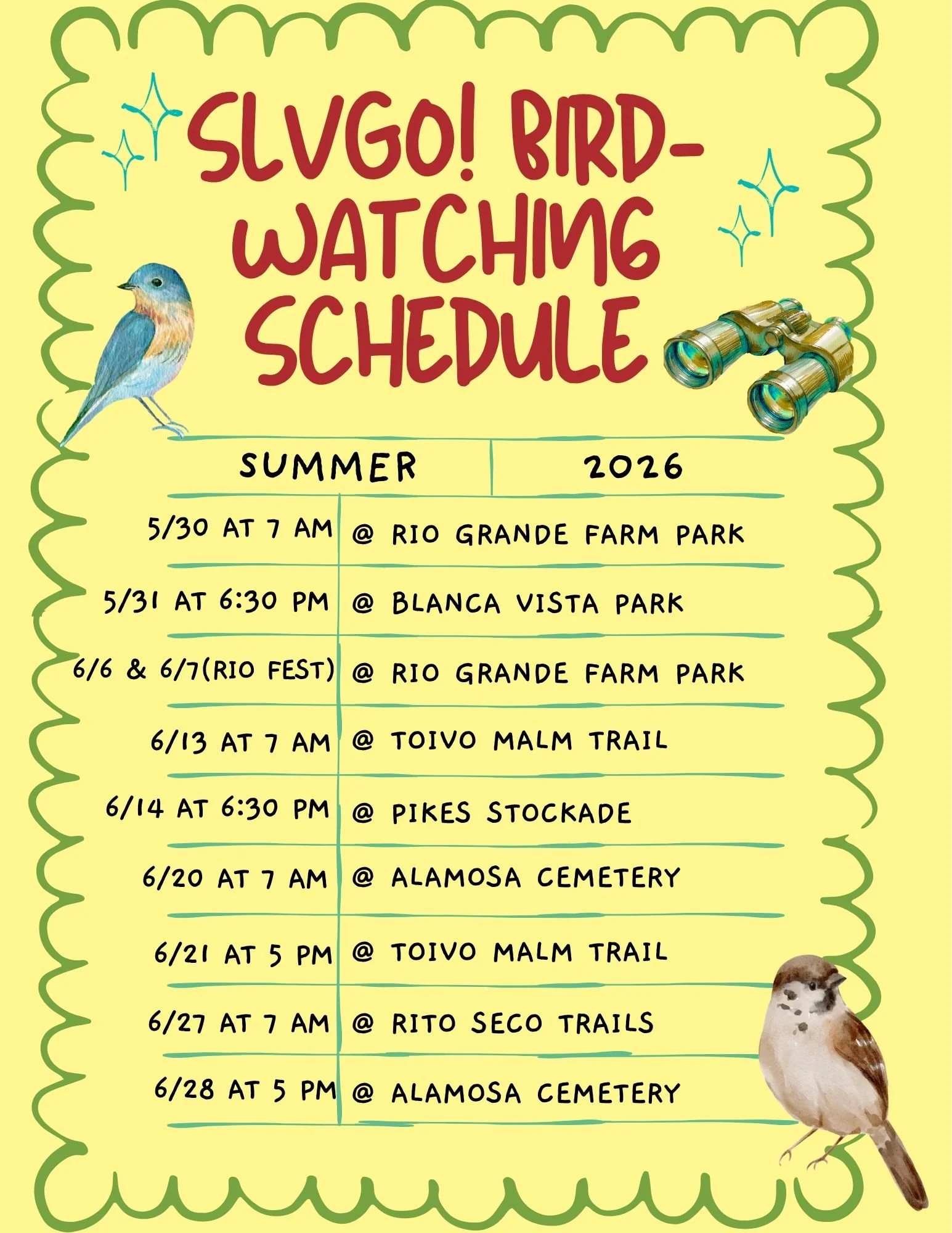 SLVGO! Bird-Watching Schedule for Summer 2026