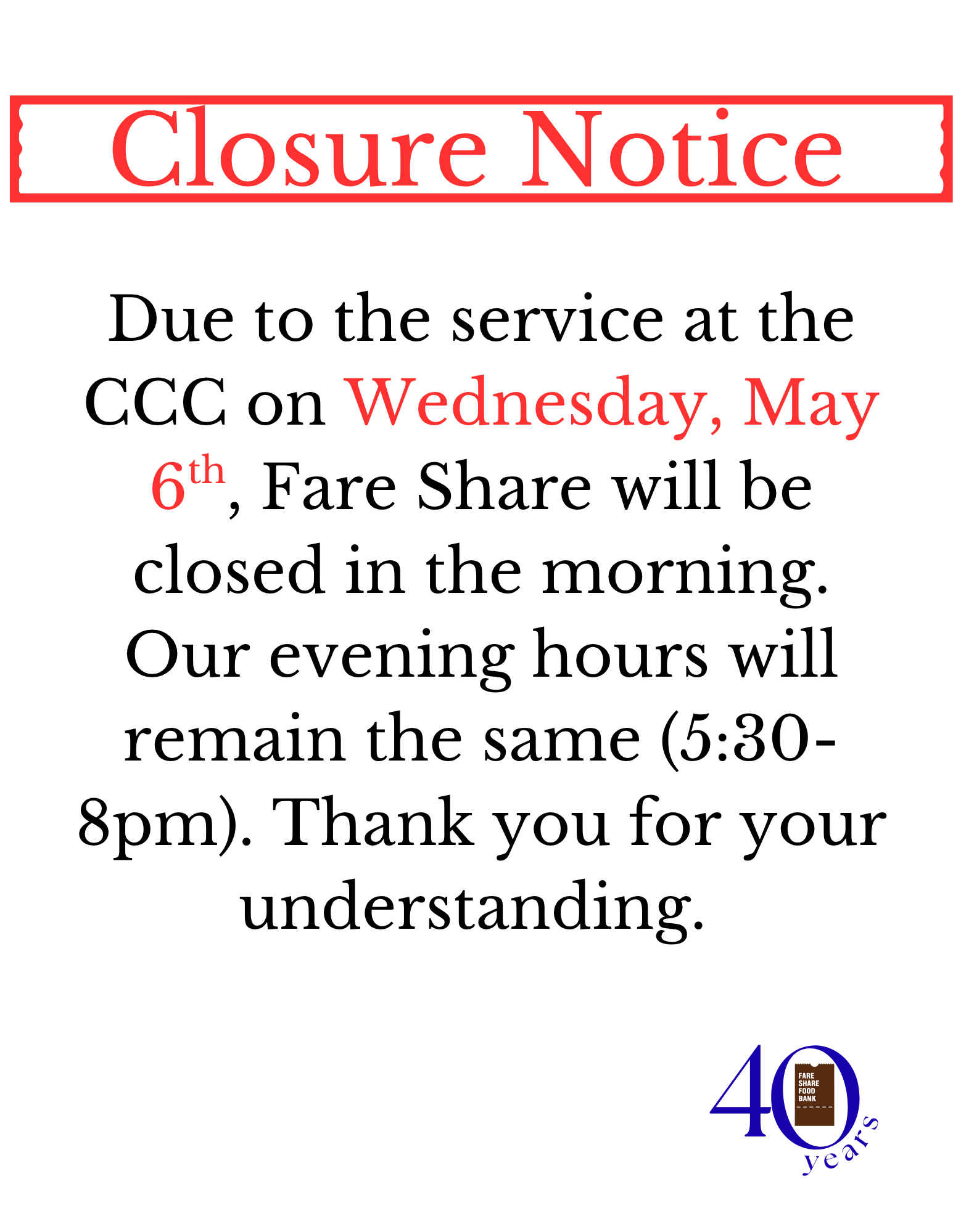 Closure in Cobourg on Wednesday, May 6th