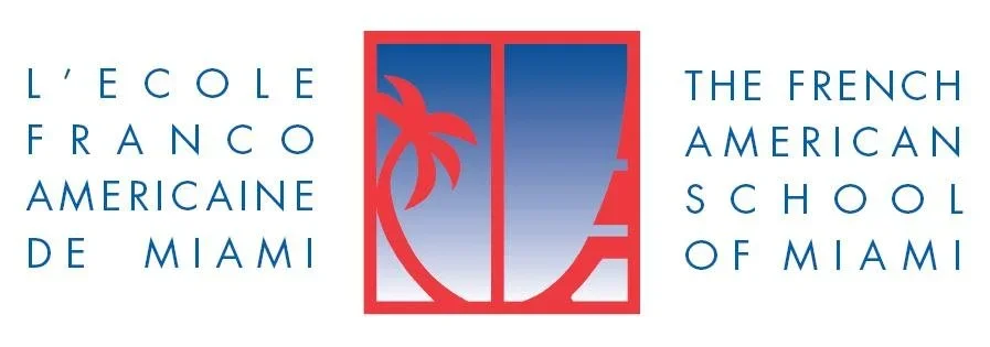 Logo for L'ecole Franco-Americaine de Miami, also known as The French American School of Miami. It features a stylized red palm tree and geometric shapes in a red square and a blue gradient background.
