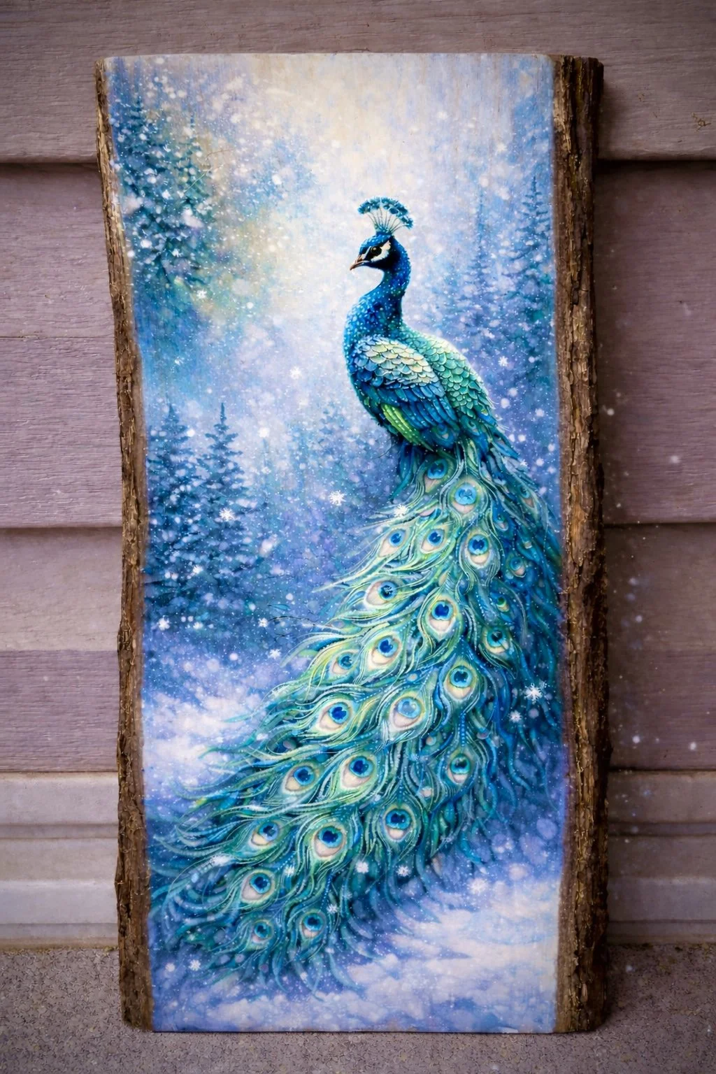 Winter Peacock on Live Edge Wood