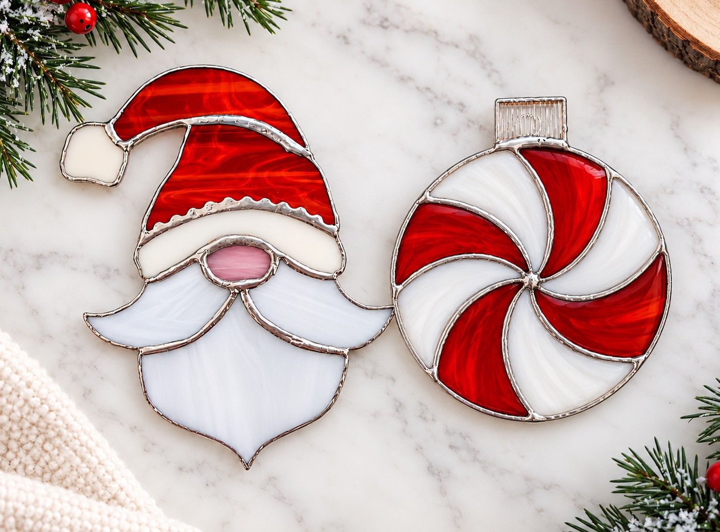 Santa Gnome or Peppermint Candy Stained Glass Ornaments Workshop