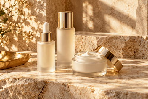 Skincare essentials arranged on a warm stone surface