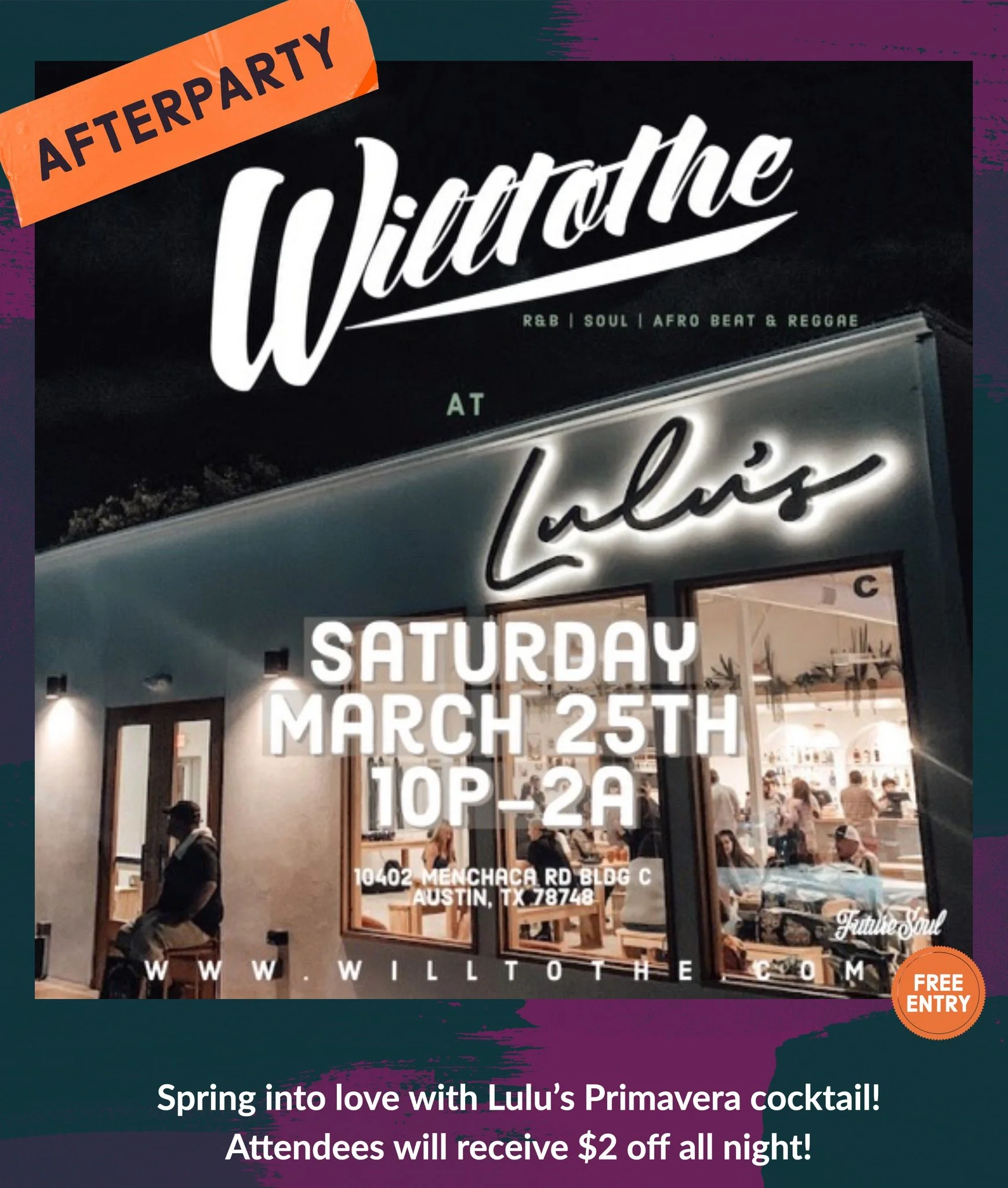 Did you miss out on a Singles Mixer RSVP? Don&rsquo;t worry, a little FOMO is good! Save your energy and come rock with @willtothe at Lulu's Austin for the afterparty. We got you on the drink specials too. $2 off the delicious Primavera "Springt