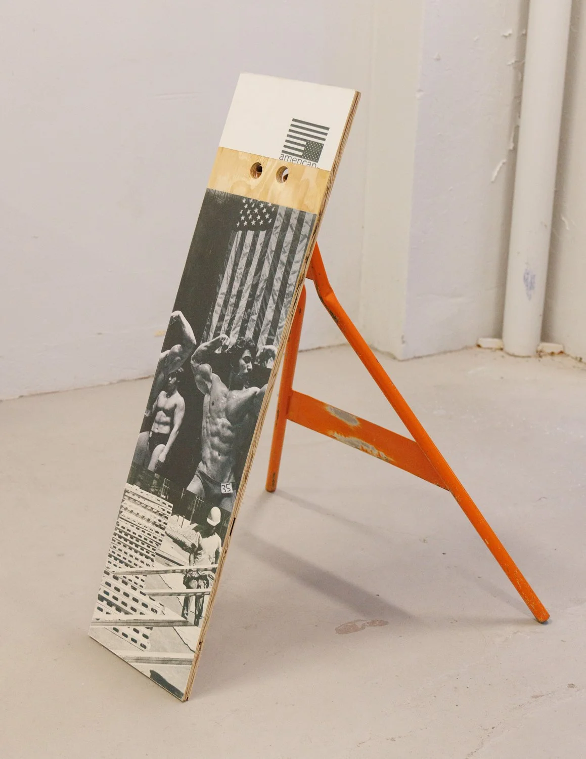 Untitled (2025) Wood, phototex print, metal a-frame support leg