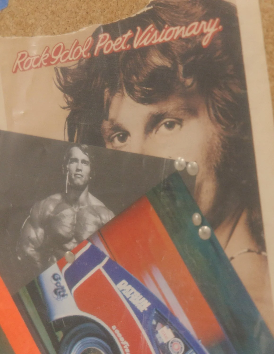 Blueprint (2025) (detail shot) cork board, paint, found images, thumb tacks, painters tape, gaffers tape, and plastic sheeting