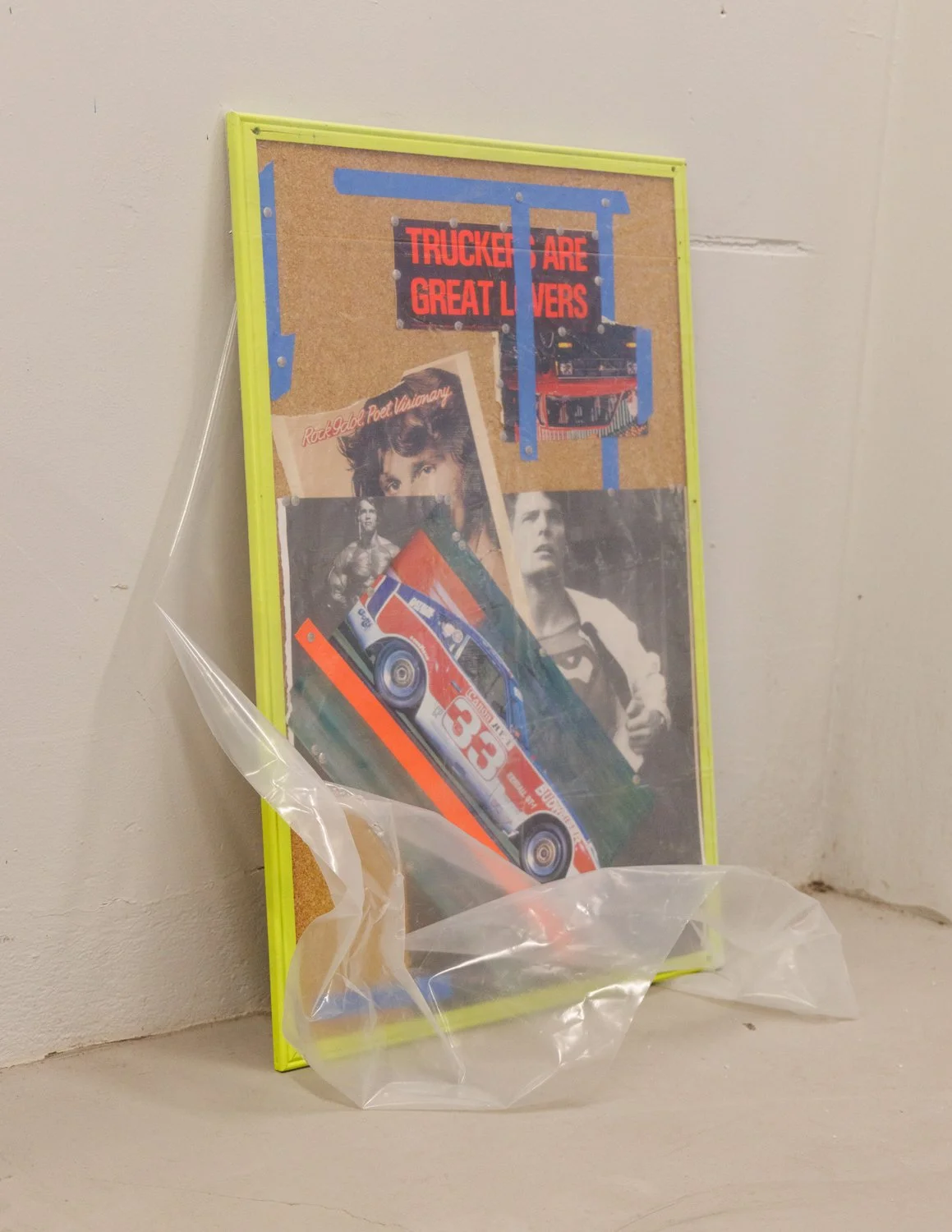 Blueprint (2025) cork board, paint, found images, thumb tacks, painters tape, gaffers tape, and plastic sheeting