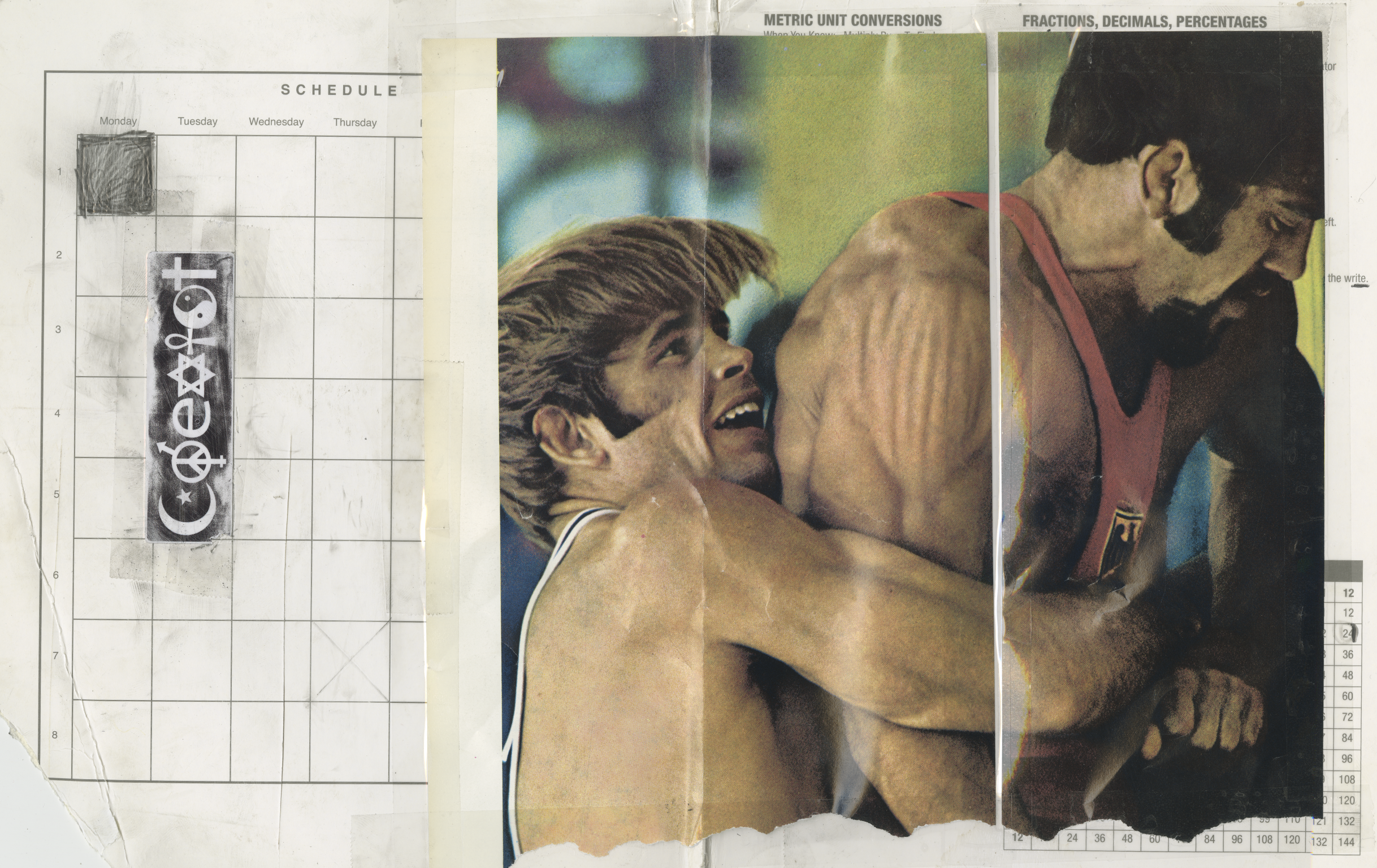 Coexisting (2025) tape, found images, and graphite on notebook