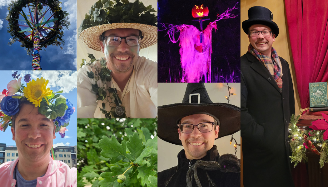 Collage of people dressed in costumes and festive accessories, including a flower crown, witch hats, and Halloween decorations.