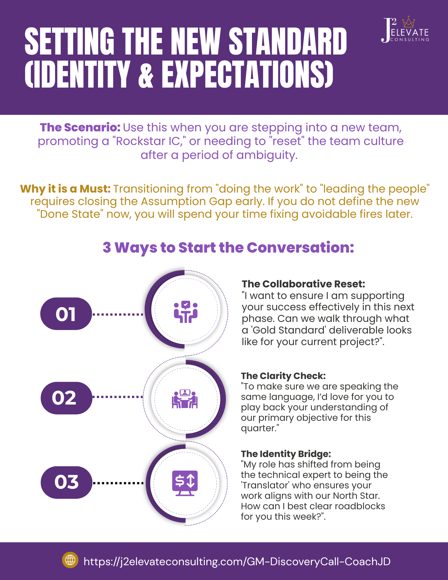 Infographic titled 'Setting the New Standard (Identity & Expectations)' with three sections: 1. The Collaborative Reset discussing supporting success, 2. The Clarity Check about understanding and communication, 3. The Identity Bridge about role shift and work alignment. The infographic includes a website URL at the bottom.