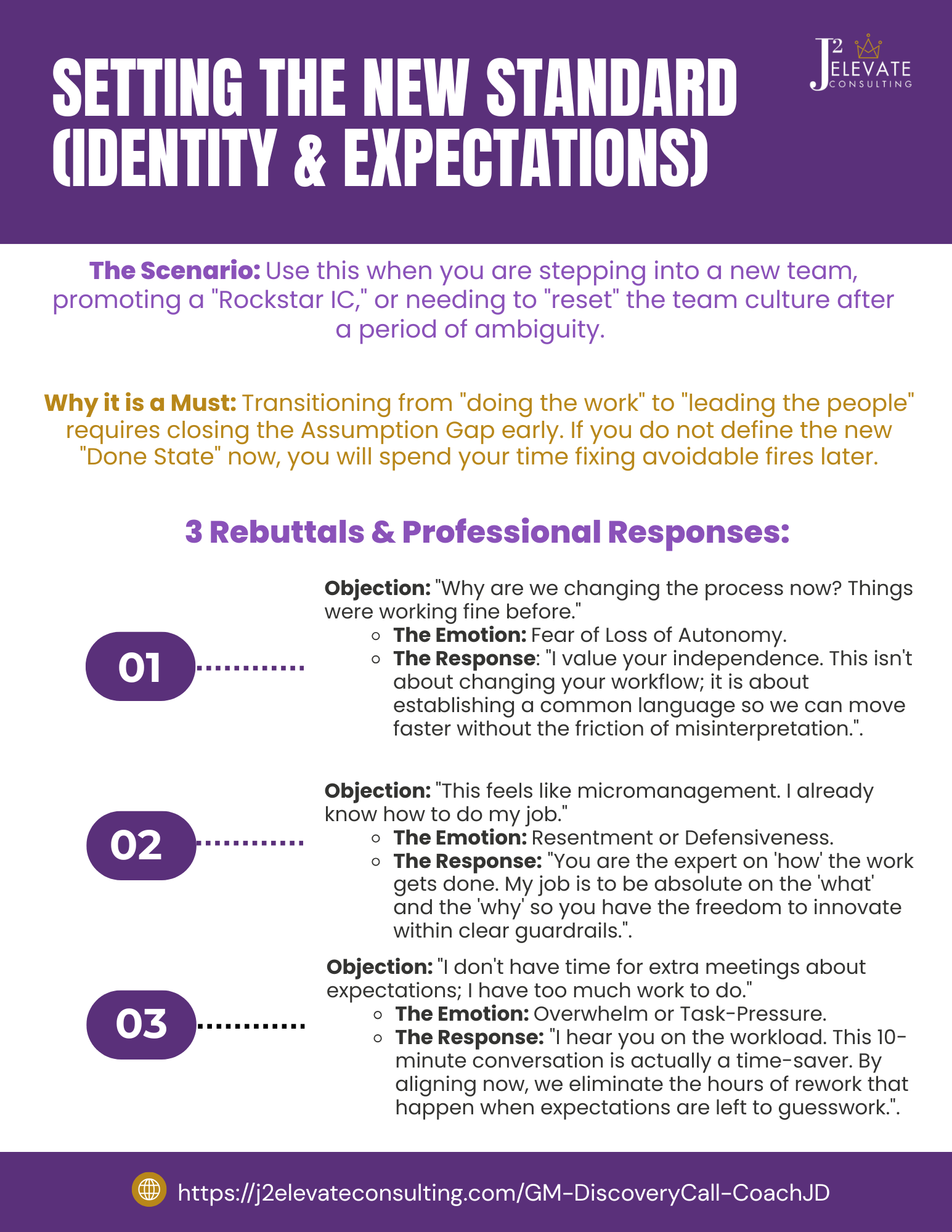 A presentation slide titled 'Setting the New Standard (Identity & Expectations)' from J2 Elevate Consulting. The slide discusses scenarios, objections, emotional responses, and professional responses related to team culture, leadership, and change management.