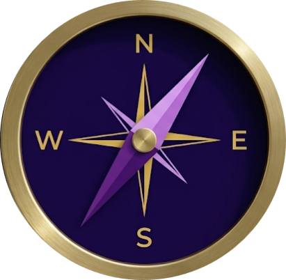 Close-up of a gold and purple compass showing a northeast direction.