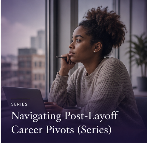 A woman sitting by a window, looking thoughtfully into the distance, with a laptop in front of her, promoting a series on navigating career pivots after layoffs.