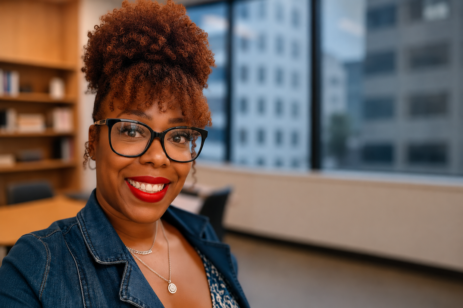 A woman with curly red hair wearing glasses and a denim jacket, smiling in an office with large windows, bookshelves, and a conference table.