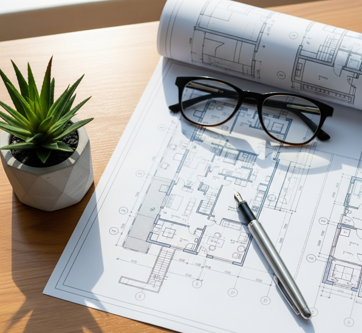 Blueprints, glasses, pen, and a small potted succulent on a wooden table.