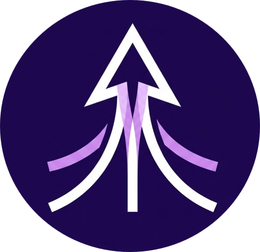 Stylized arrow pointing upwards with three curved lines extending from the sides, set against a dark purple circular background.
