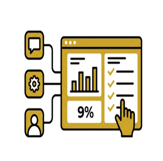 Illustration of a dashboard with charts and checklists, connected to icons representing chat, settings, and user.