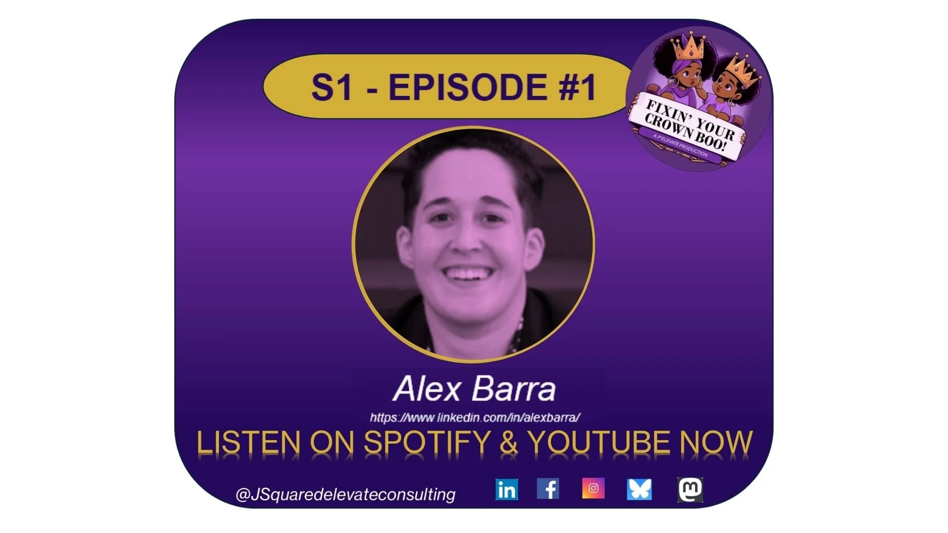 A promotional graphic for a podcast episode featuring Alex Barra, with social media icons and a call to listen on Spotify and YouTube.
