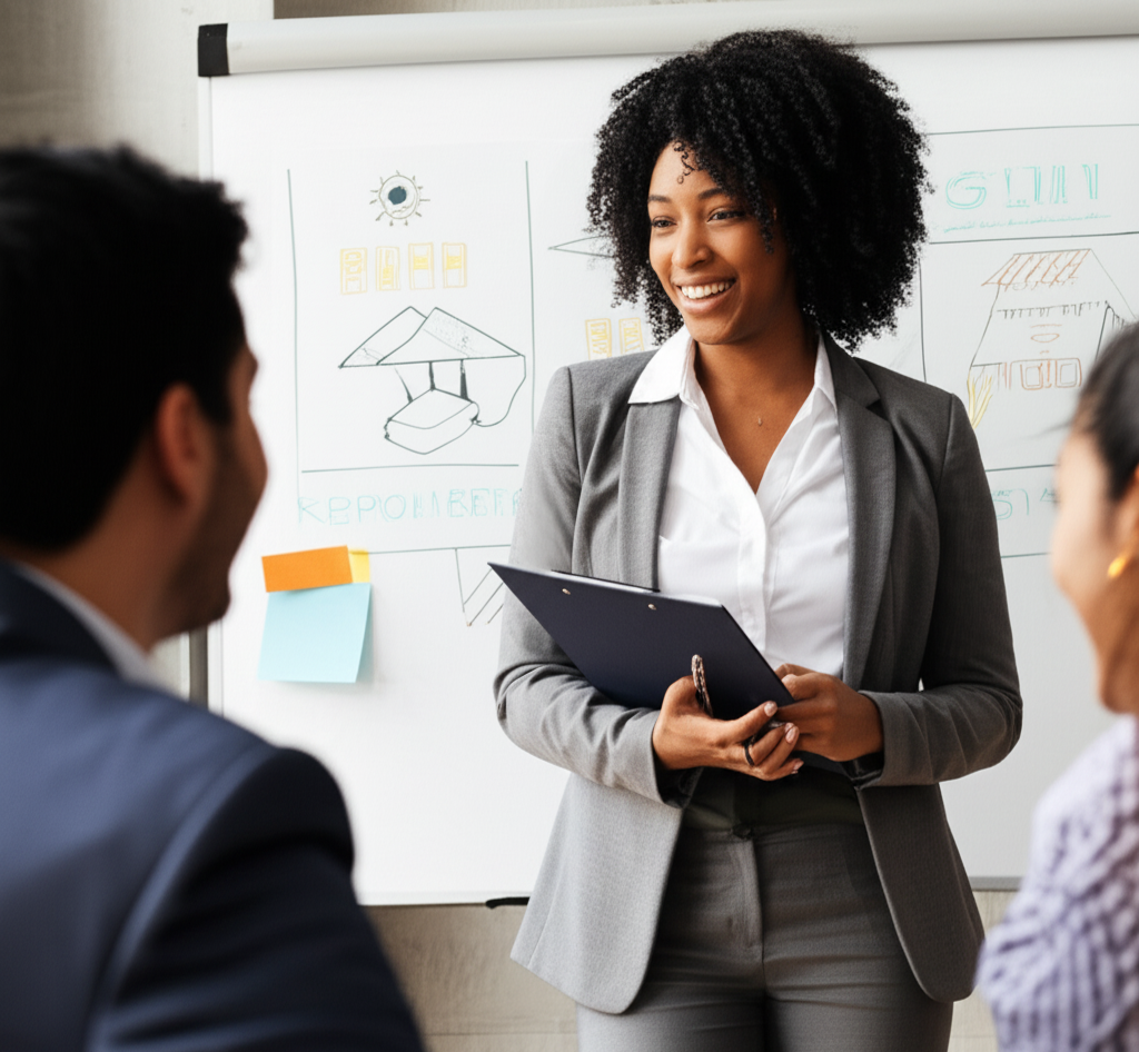 Businesswoman with curly hair smiling during presentation to colleagues in a meeting room, standing in front of a whiteboard with drawings and notes.