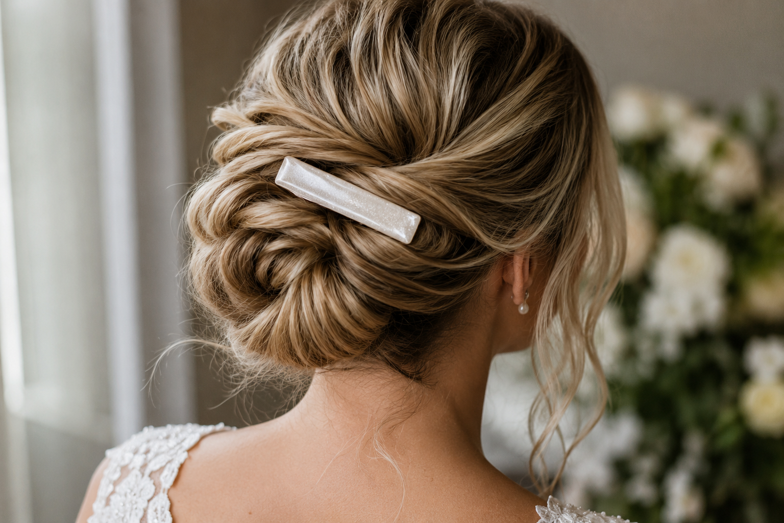 A bride with a barrette in her hair