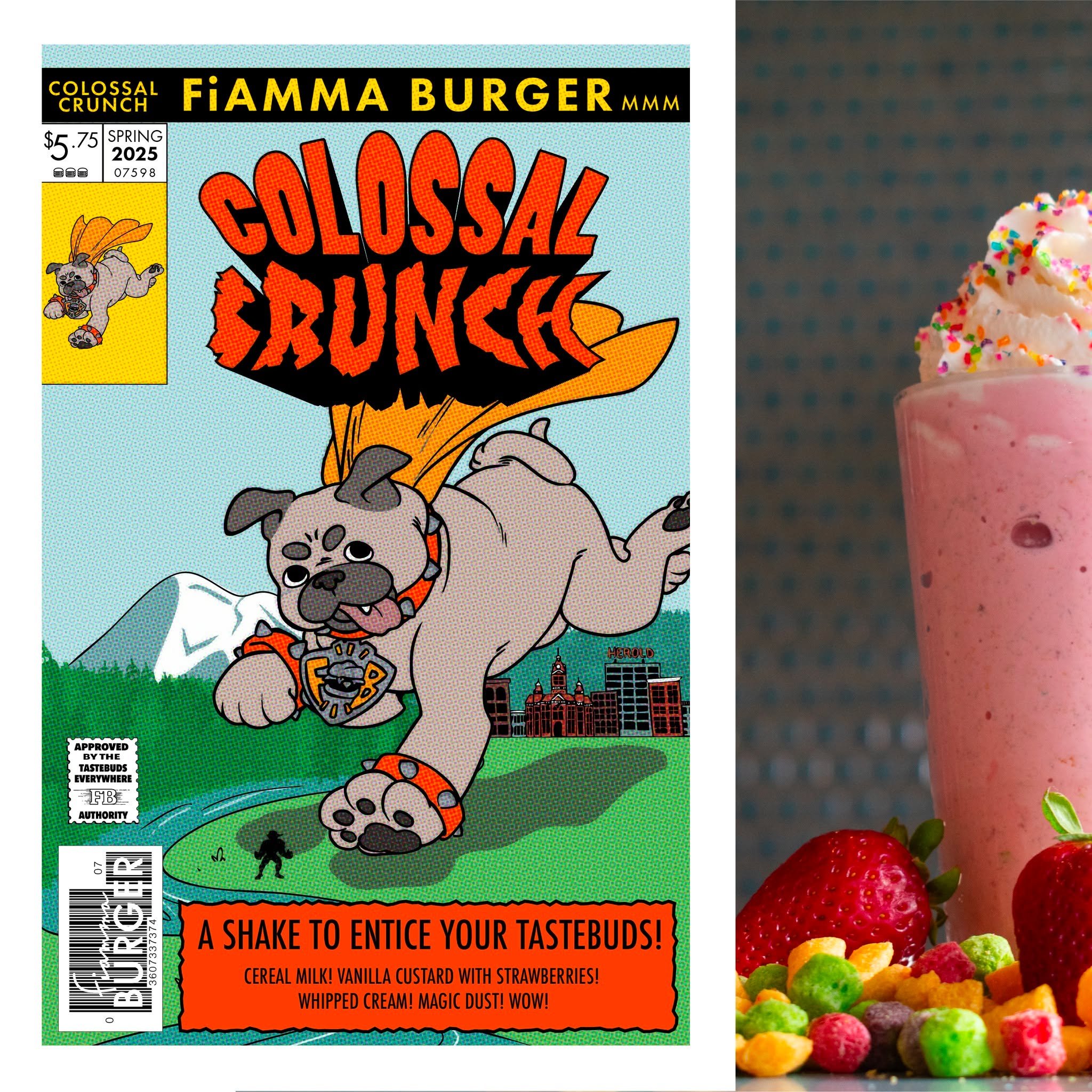Cereal Milk! Vanilla Custard! Strawberries! THESE were the ingredients chosen to make the perfect little pup! But we accidentally added an extra ingredient to the concoction - Magic Dust! Thus Colossal Crunch was born, using super-size paws, this pup
