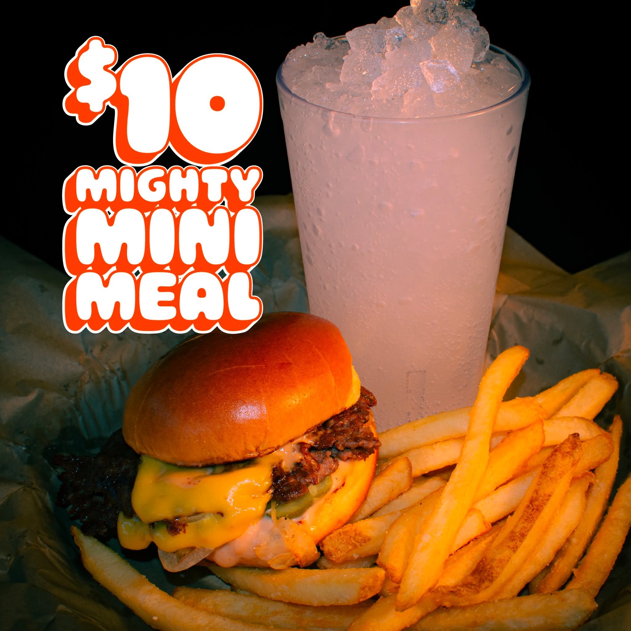 $10 MIGHTY MINI MEAL LUNCH COMBO 🍔🍟🥤 Introducing our weekday lunch combo with the right portion at the right price. 

Mighty Mini Burger + Heaping Handful &lsquo;o Fries + 16oz Fiamma Drink (yes, that includes slushies!) for just $10

 Mondays-Fri