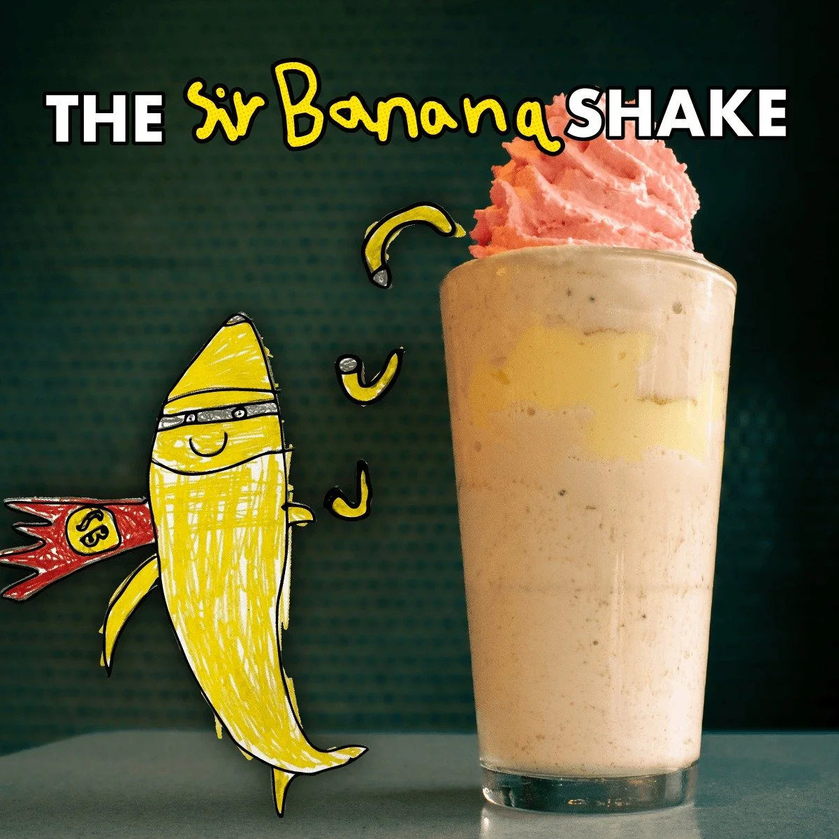 💥 SUPER HERO MONTH kicks off with the winner of our kids contest! The Sir Banana Shake was created by Kellen, age 9,  and tastes just like Kellen&rsquo;s mom&rsquo;s banana bread 🍌 Caramelized banana custard, brown sugar cookie dough swirls and str